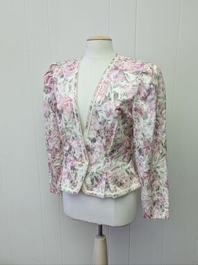 Vintage Pastel Pink Rose Pattern Peplum Blazer By Nah Nah Collections Size 16